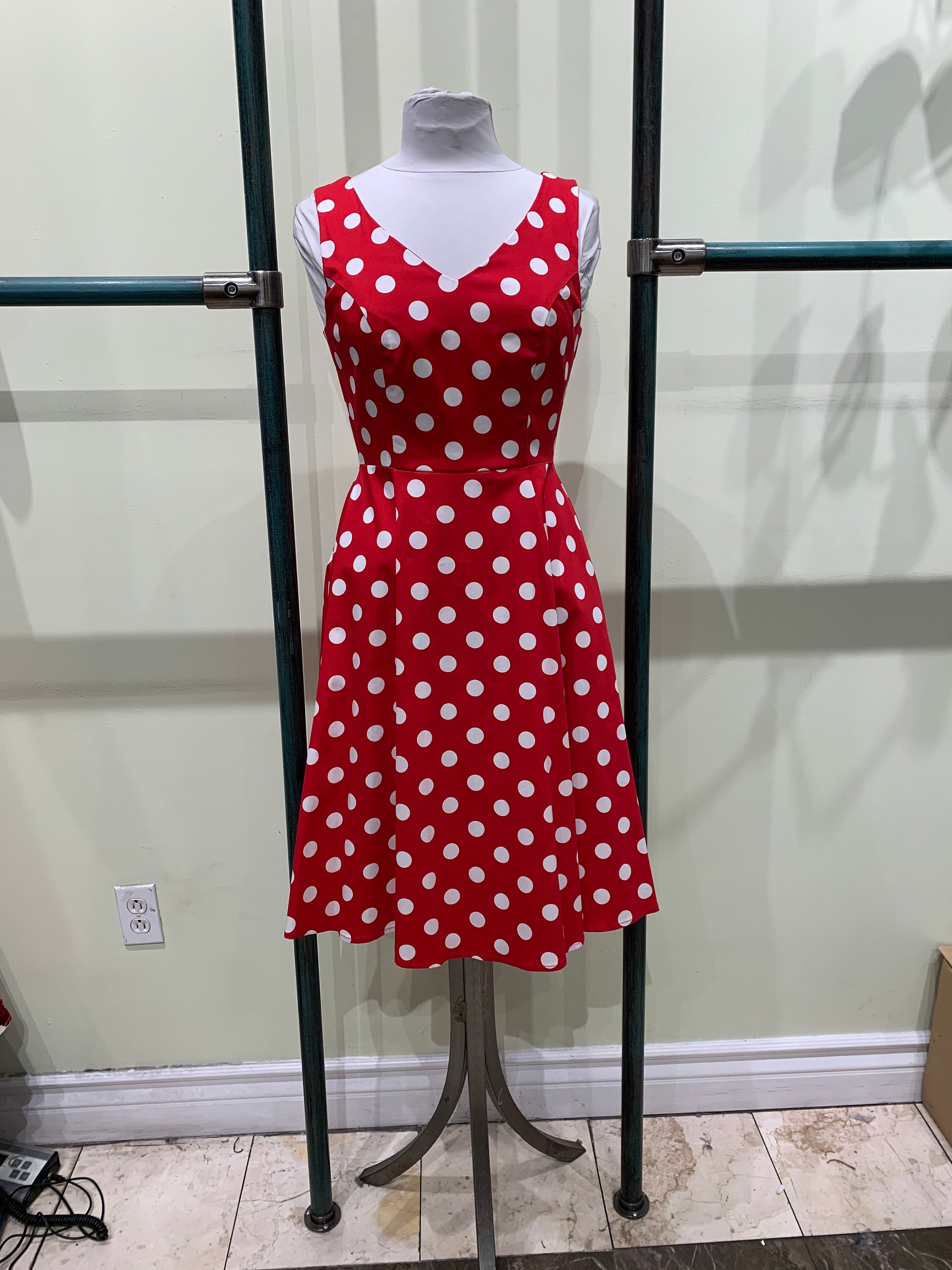 Red and white checks flared dress by Athira Designs