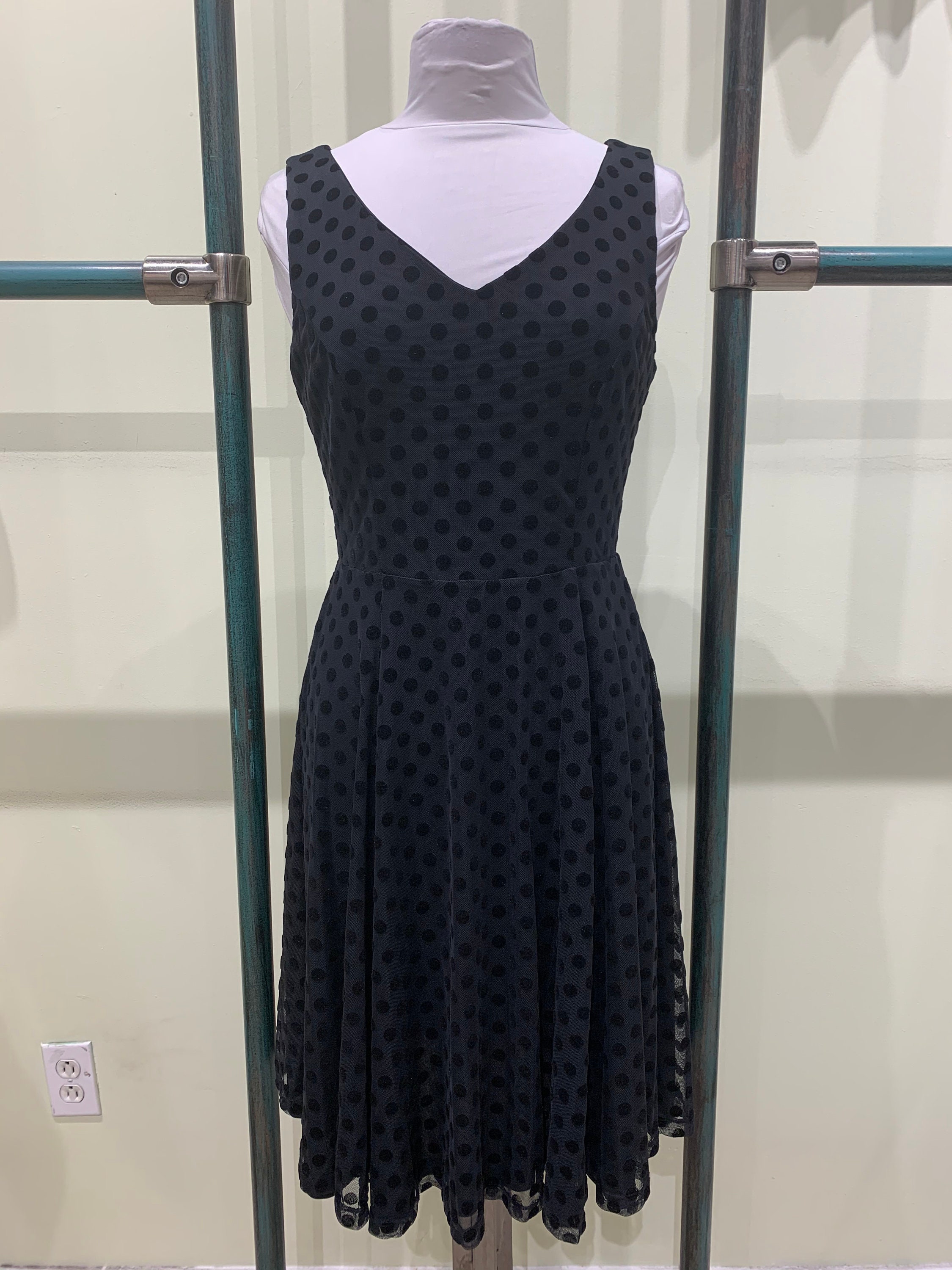 Ixia Solid Black Polka Dot Lined V-neck Fit and Flare Dress | Etsy