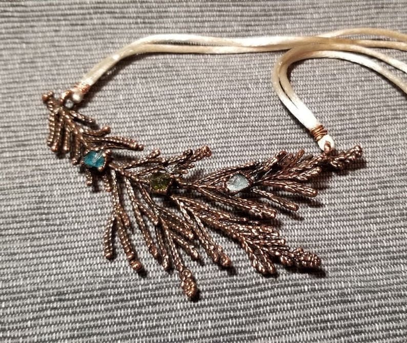Electroformed Evergreen Necklace with Peridot and Blue Apatite Stones