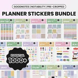 Peut inclure: Un ensemble de plus de 1000 autocollants de planificateur pour les applications Goodnotes et Notability. Les autocollants sont pré-découpés et comprennent une variété de motifs, tels que du ruban adhésif washi, des notes autocollantes, des flèches, des numéros, des éléments quotidiens, hebdomadaires, de suivi, à faire, de vie et des signets.