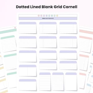 K&ouml;nnte beinhalten: Eine Sammlung druckbarer Cornell-Notizvorlagen. Die Vorlagen verf&uuml;gen &uuml;ber ein Raster-, Punkt- und Liniendesign mit einem Pastellfarbschema. Der Text "Dotted Lined Blank Grid Cornell" und "MEMO PAS FOR NOTES" ist sichtbar.