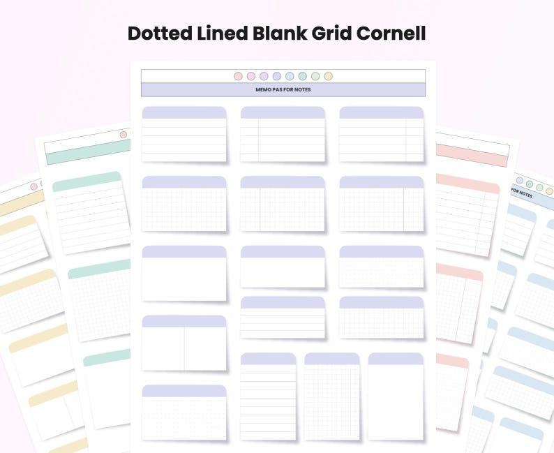 K&ouml;nnte beinhalten: Eine Sammlung druckbarer Cornell-Notizvorlagen. Die Vorlagen verf&uuml;gen &uuml;ber ein Raster-, Punkt- und Liniendesign mit einem Pastellfarbschema. Der Text "Dotted Lined Blank Grid Cornell" und "MEMO PAS FOR NOTES" ist sichtbar.