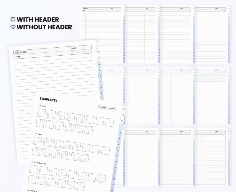 May include: A set of printable planner pages with templates for different layouts. The pages include lined paper, grid paper, and blank pages. The templates include options for daily, weekly, and monthly planning. The pages are designed to be printed and used in a planner or notebook.