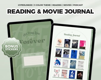 May include: A digital planner with a green background and the text "Art.Pray.Love. Forever" in a white font. The planner includes a reading journal with a list of books and a movie journal. The planner also includes bonus stickers.