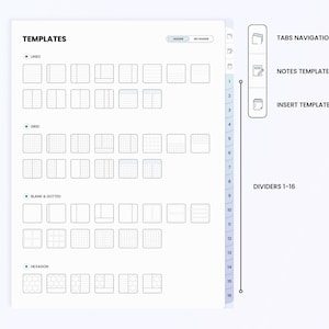 May include: A printable planner page with a variety of templates for lined, grid, blank and dotted, and hexagon pages. The page also includes tabs for navigation, notes, and inserts. The page is numbered 1-16.