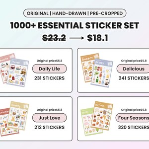 May include: A set of four sticker packs with illustrations of various themes. The sticker packs are labeled "Daily Life", "Delicious", "Just Love", and "Four Seasons". Each pack includes a different number of stickers, ranging from 212 to 320. The original price of each pack is $5.80, but the set is currently on sale for $18.10.