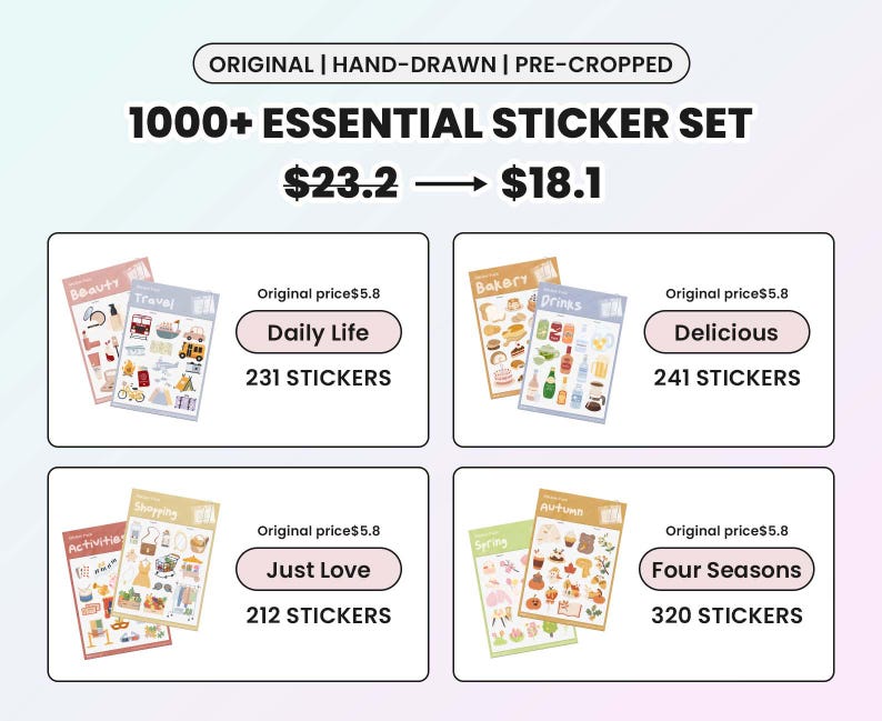 May include: A set of four sticker packs with illustrations of various themes. The sticker packs are labeled "Daily Life", "Delicious", "Just Love", and "Four Seasons". Each pack includes a different number of stickers, ranging from 212 to 320. The original price of each pack is $5.80, but the set is currently on sale for $18.10.