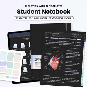 Könnte beinhalten: Ein schwarzes Studentennotizbuch mit dem Text "Student Notebook" und "16 SECTION WITH 96 TEMPLATES". Das Bild zeigt auch Aufkleber, Planereinsätze und einen Aufgaben-Tracker. Ein digitales Tablet und ein Notizbuch mit medizinischen Notizen sind ebenfalls sichtbar.