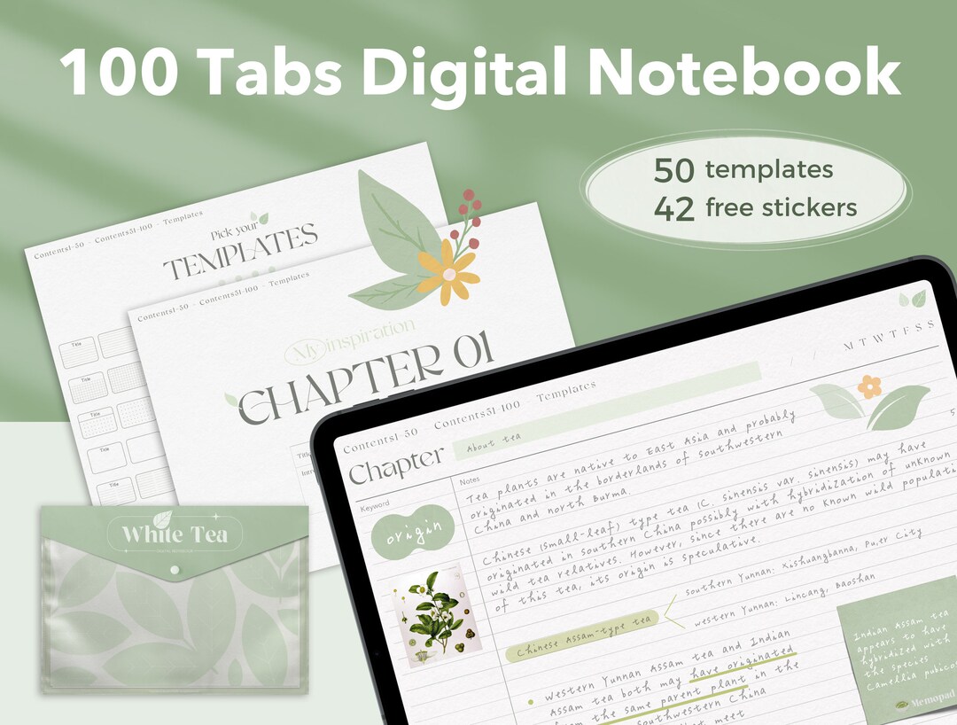 100 Tab Hyperlinked Digital Notebook | White Tea Color | for Goodnotes ...
