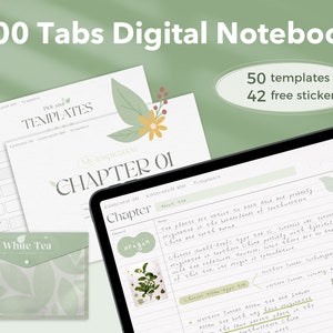 May include: A digital notebook with 100 tabs and 50 templates. The notebook has a green and white floral design. The text "My Inspiration Chapter 01" is visible on the screen. The notebook also includes 42 free stickers.