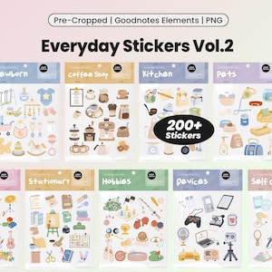 Adesivos digitais fofos para o dia a dia, perfeitos para o Goodnotes, seu planejador de atividades diárias, livro de adesivos PNG, compras em casa e café.
