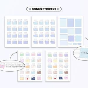 May include: A set of pastel blue and pink folder stickers with various patterns and designs. The stickers include a folder with a paper inside, a folder with a checkmark, and a folder with a star. The stickers are labeled "Bonus Stickers".