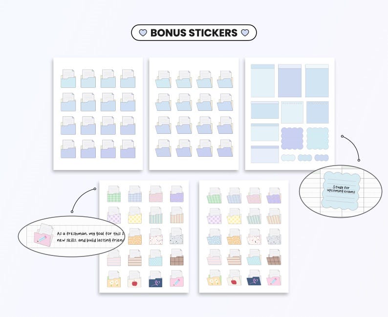 May include: A set of pastel blue and pink folder stickers with various patterns and designs. The stickers include a folder with a paper inside, a folder with a checkmark, and a folder with a star. The stickers are labeled "Bonus Stickers".