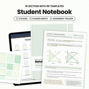 Könnte beinhalten: Ein Student Notebook mit 16 Abschnitten und 96 Vorlagen. Das Bild zeigt ein Tablet, Aufkleber, Planereinsätze und einen Aufgaben-Tracker. Das Notizbuch hat einen hellgrünen Einband und Seiten mit Text und Diagrammen.