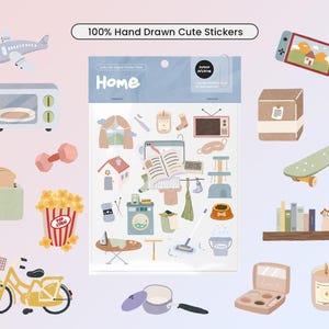 May include: A sheet of 100% hand-drawn cute stickers featuring a variety of designs, including a house, a toaster, a popcorn bucket, a broom, a potted plant, a skateboard, a video game console, a dumbbell, a book, a coffee pot, a cleaning brush, a dog bowl, a shelf with books, a makeup palette, and a candle. The sheet is labelled "Home" and "100% Hand Drawn Cute Stickers".
