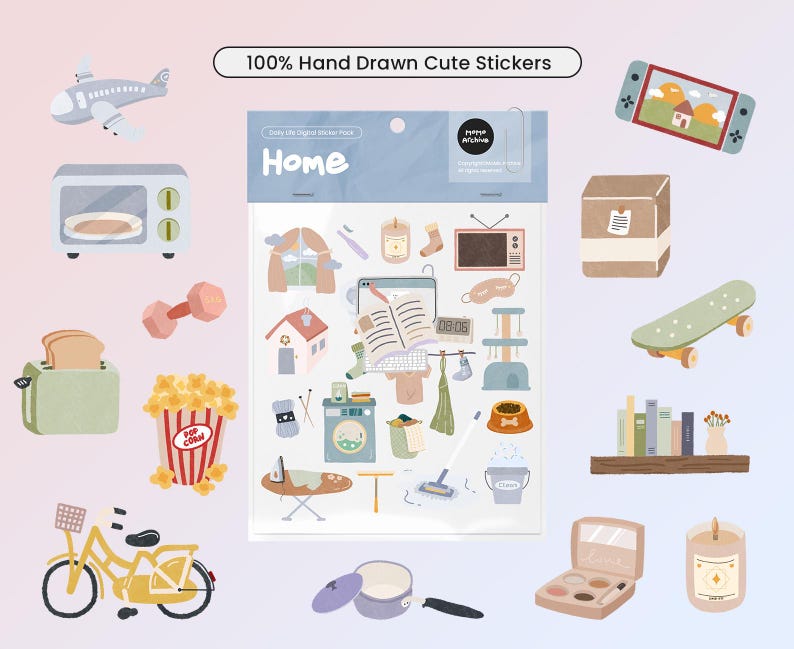 May include: A sheet of 100% hand-drawn cute stickers featuring a variety of designs, including a house, a toaster, a popcorn bucket, a broom, a potted plant, a skateboard, a video game console, a dumbbell, a book, a coffee pot, a cleaning brush, a dog bowl, a shelf with books, a makeup palette, and a candle. The sheet is labelled "Home" and "100% Hand Drawn Cute Stickers".