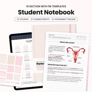 May include: A student notebook with the text "16 SECTION WITH 96 TEMPLATES Student Notebook". The image includes stickers, planner inserts, and an assignment tracker. There is a tablet, notebook, and sticky notes in the image.