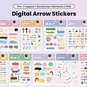 May include: A set of digital stickers featuring colorful arrows, bubbles, and objects. The stickers are designed for use in digital note-taking apps like Goodnotes.