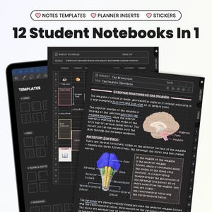 12 In 1 Student Digital Notebook for Goodnotes Dark Gradient Notability iPad Hyperlinked Cornell Notebook With Tabs Templates Academic