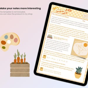 May include: A digital planner page with a yellow background and a handwritten title "Sweet" in a colourful font. The page contains notes on the equations of planes in mathematics, with illustrations and diagrams. The page also features a colourful palette, a potted plant, and a drawing of carrots in a wooden box.