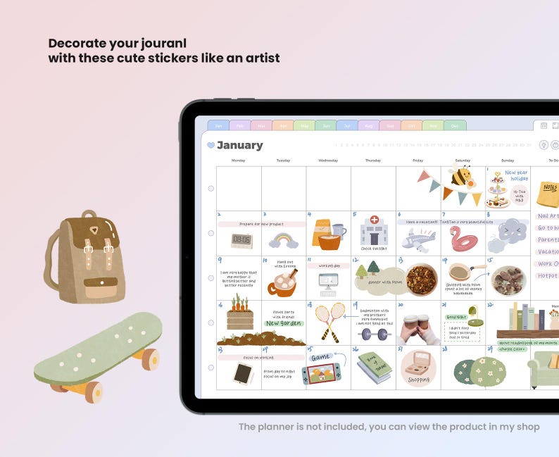 May include: A digital planner with a January calendar on the screen. The calendar is decorated with colourful stickers featuring a variety of themes, including a bee, a rainbow, a garden, a game, and a shopping bag. The planner is not included.