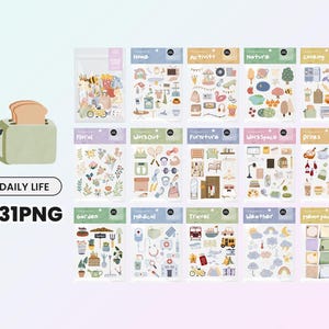 May include: A set of 231 digital planner stickers featuring various themes, including home, activity, nature, cooking, floral, workout, furniture, workspace, drinks, garden, medical, travel, weather, and memo pad. The stickers are illustrated in a colorful, cartoon style.