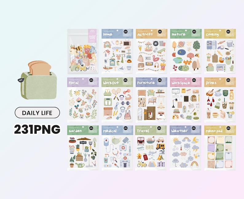 May include: A set of 231 digital planner stickers featuring various themes, including home, activity, nature, cooking, floral, workout, furniture, workspace, drinks, garden, medical, travel, weather, and memo pad. The stickers are illustrated in a colorful, cartoon style.