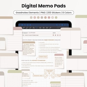 Peut inclure: Bloc-notes numériques avec une variété de notes autocollantes aux couleurs pastel et une tablette affichant des notes sur les acides aminés. Le texte "Goodnotes Elements | PNG | 200 Stickers | 8 Colors" est inclus.