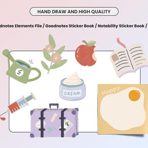 May include: A set of digital stickers for Goodnotes and Notability apps. The stickers include a red apple with a bite taken out, a green watering can, a cream jar, a suitcase with stickers, a book, a yellow egg with a yolk, and a flower branch.