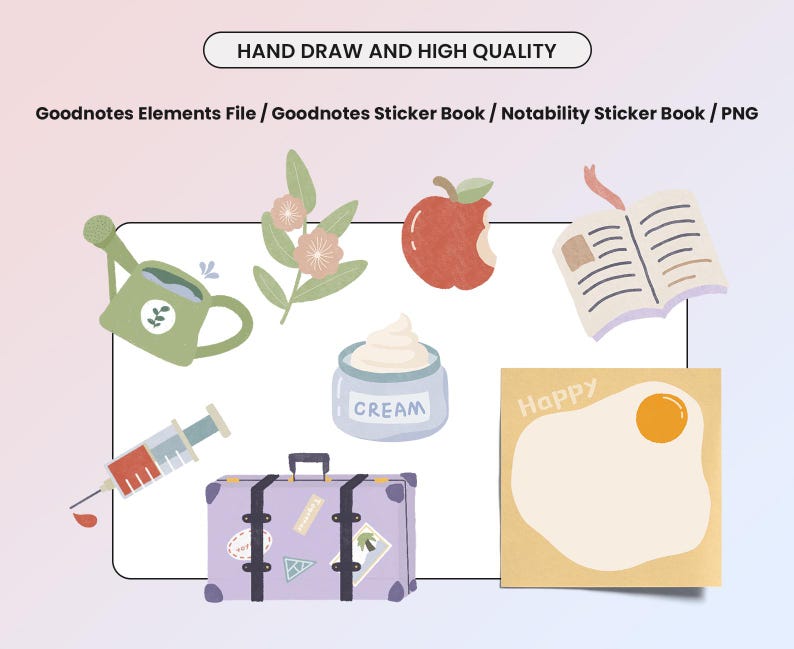 May include: A set of digital stickers for Goodnotes and Notability apps. The stickers include a red apple with a bite taken out, a green watering can, a cream jar, a suitcase with stickers, a book, a yellow egg with a yolk, and a flower branch.