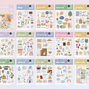May include: A set of 15 sticker sheets with various themes, including home, activity, nature, cooking, floral, workout, furniture, workspace, drinks, garden, medical, travel, weather, and memo pad. Each sheet features colourful illustrations and text.