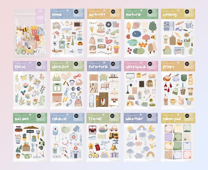 May include: A set of 15 sticker sheets with various themes, including home, activity, nature, cooking, floral, workout, furniture, workspace, drinks, garden, medical, travel, weather, and memo pad. Each sheet features colourful illustrations and text.