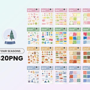 May include: A set of 20 printable digital sticker sheets featuring four seasons: spring, summer, autumn, and winter. Each sheet has a different theme and includes various colorful illustrations and blank spaces for writing notes.