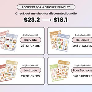 May include: Four sticker bundles with different themes: Daily Life, Delicious, Just Love, and Four Seasons. Each bundle includes a variety of stickers with illustrations of food, drinks, activities, and nature. The original price is &pound;5.80 per bundle, but there is a discounted bundle price of &pound;18.10.