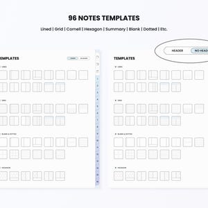 May include: A printable sheet with 96 different note templates. The templates include lined, grid, Cornell, hexagon, summary, blank, and dotted styles. The sheet is divided into two columns, each with 48 templates. The templates are labeled with the type of template and the number of the template. The sheet also includes a header that says "96 Notes Templates" and a subheader that says "Lined | Grid | Cornell | Hexagon | Summary | Blank | Dotted | Etc."