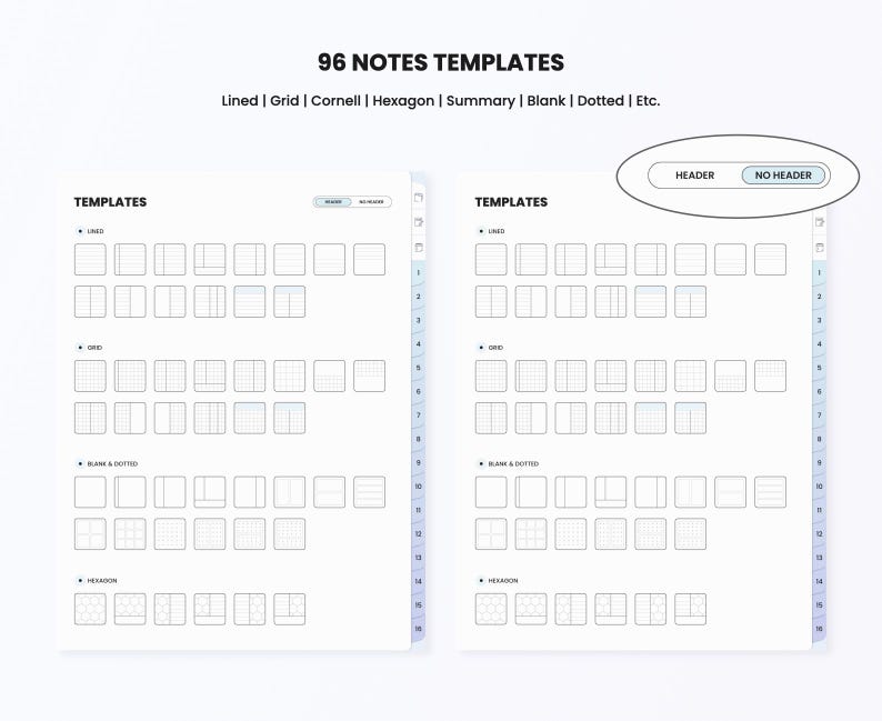 May include: A printable sheet with 96 different note templates. The templates include lined, grid, Cornell, hexagon, summary, blank, and dotted styles. The sheet is divided into two columns, each with 48 templates. The templates are labeled with the type of template and the number of the template. The sheet also includes a header that says "96 Notes Templates" and a subheader that says "Lined | Grid | Cornell | Hexagon | Summary | Blank | Dotted | Etc."