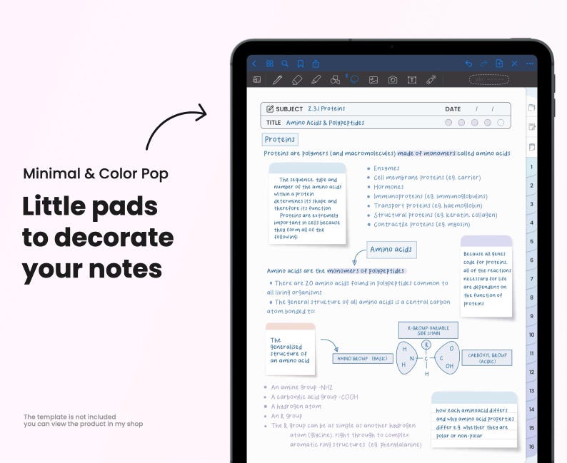 K&ouml;nnte beinhalten: Ein digitales Tablet mit einer detaillierten Biologiestudie &uuml;ber Proteine und Aminos&auml;uren. Die Notizen sind in blauer Tinte handschriftlich verfasst, mit Diagrammen und Anmerkungen. Der Text links lautet "Minimal & Color Pop Little pads to decorate your notes."
