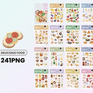 May include: A set of 241 digital stickers featuring various food illustrations. The stickers are organized into categories such as fruit, vegetables, diary, bakery, Japanese, Asian, Western, Chinese, drinks, brunch, sauce, fast food, sweet, dim sum, and meat. The stickers are perfect for adding a touch of whimsy to your digital projects.