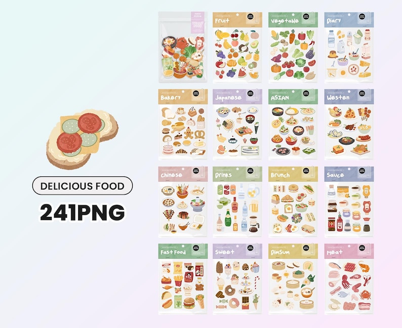 May include: A set of 241 digital stickers featuring various food illustrations. The stickers are organized into categories such as fruit, vegetables, diary, bakery, Japanese, Asian, Western, Chinese, drinks, brunch, sauce, fast food, sweet, dim sum, and meat. The stickers are perfect for adding a touch of whimsy to your digital projects.