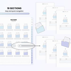 May include: A white planner with 16 sections for easy navigation. Each section has a folder icon with a document inside. The planner has a numbered spine and a gridded page.