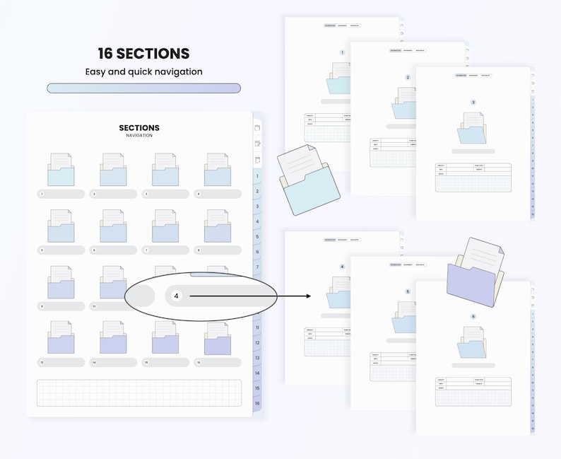 May include: A white planner with 16 sections for easy navigation. Each section has a folder icon with a document inside. The planner has a numbered spine and a gridded page.