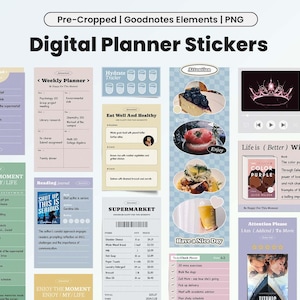 Puede incluir: Un conjunto de pegatinas digitales para planificadores con varios diseños, que incluyen un planificador semanal, un rastreador de hidratación, una lista de verificación "Come bien y saludable", un libro con el título "El color púrpura", una pegatina de "Que tengas un buen día" y una pegatina de "La vida es (mejor) con un libro".