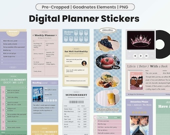 Adesivos estéticos para planejamento digital da vida, compatíveis com Goodnotes, widgets em tons pastel, rastreador, bloco de notas adesivas, bloco de memorandos, essenciais para iPad.
