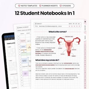 Quaderno digitale rosa 12 in 1 per studenti, compatibile con Goodnotes, Notability, iPad, con modelli Cornell ipertestuali e schede, pianificatore di compiti e studio.