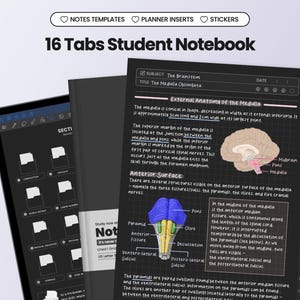 Digital anteckningsbok för studenter för Goodnotes, Notability, iPad, hyperlänkade Cornell-studier, mörkt läge, mallar med flikar, akademisk skoluppgift