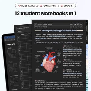 12 In 1 Digital Student Notebook for Goodnotes Notability iPad Hyperlinked Cornell Study Templates with Tabs Academic Planner Dark Gradient
