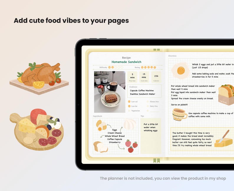 Cute Hand-drawn Food Stickers for Goodnotes Food Journal Meal Planner ...