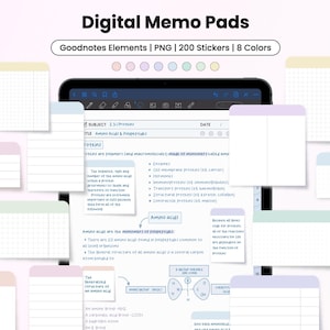 May include: Digital memo pads with a variety of pastel-colored sticky notes surrounding a tablet displaying notes on proteins. The image includes the text "Goodnotes Elements | PNG | 200 Stickers | 8 Colors".