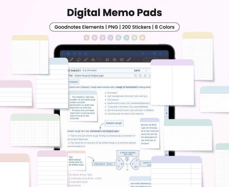 K&ouml;nnte beinhalten: Digitale Notizbl&ouml;cke mit einer Vielzahl von pastellfarbenen Haftnotizen, die ein Tablet mit Notizen zu Proteinen umgeben. Der Text "Goodnotes Elements | PNG | 200 Stickers | 8 Colors" ist enthalten.