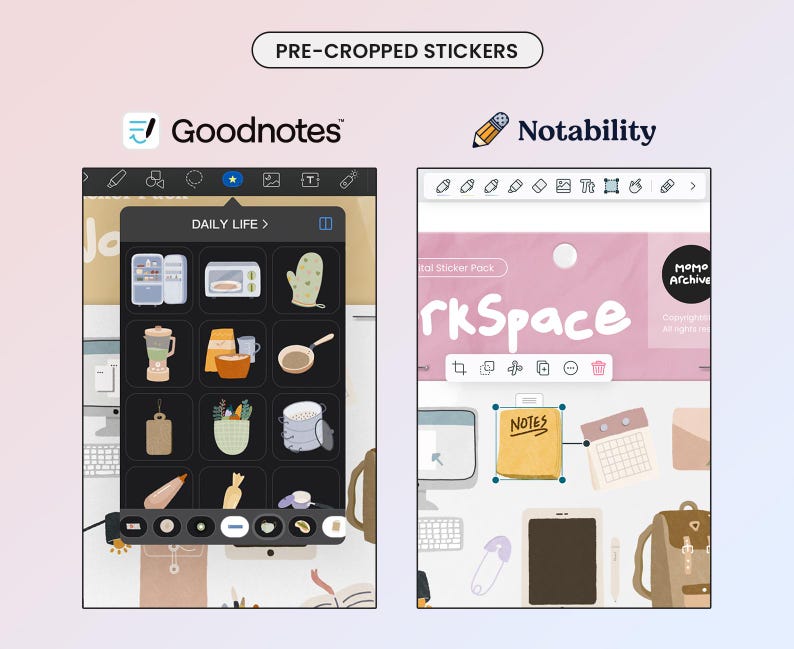 May include: Two screenshots of digital note-taking apps, Goodnotes and Notability, showing pre-cropped stickers. The Goodnotes screenshot shows a grid of stickers with a "Daily Life" heading. The Notability screenshot shows a sticker pack with the text "rkSpace" and a sticker with the text "NOTES".